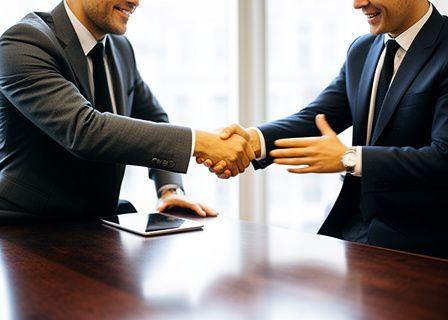 Business partners shaking hands across a table