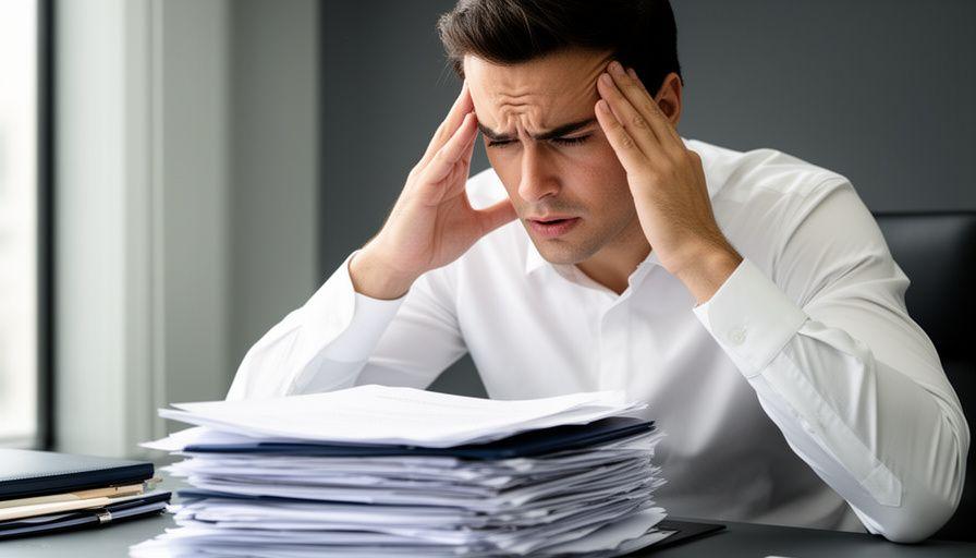 Close up of a person looking stressed while reviewing legal documents