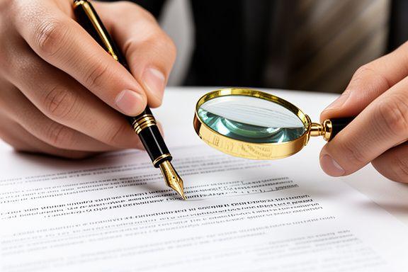 Legal professional reviewing a document with a magnifying glass