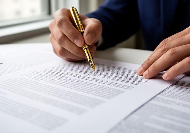 Close-up of a legal professional reviewing a complex document with a gold fountain pen